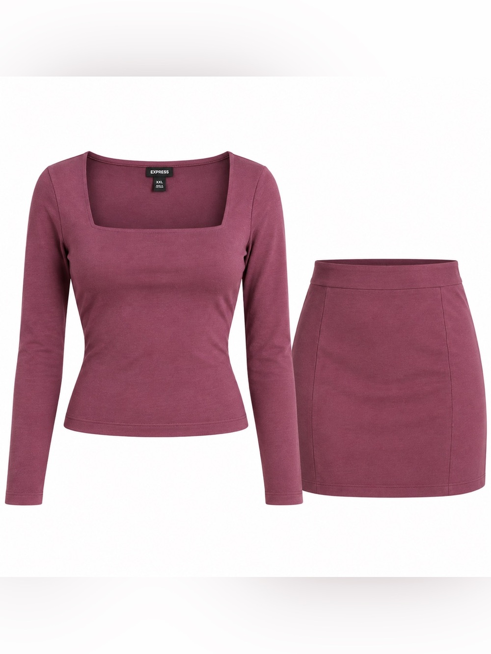 NWT Express Burgundy 2 Piece Ponte Top Mini Skirt Set L Dark Academia